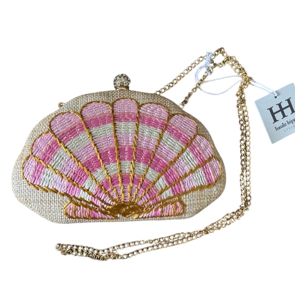 Haute Hippie Style Pink Shell Small Clutch Crossbody bag Gold Tone Strap